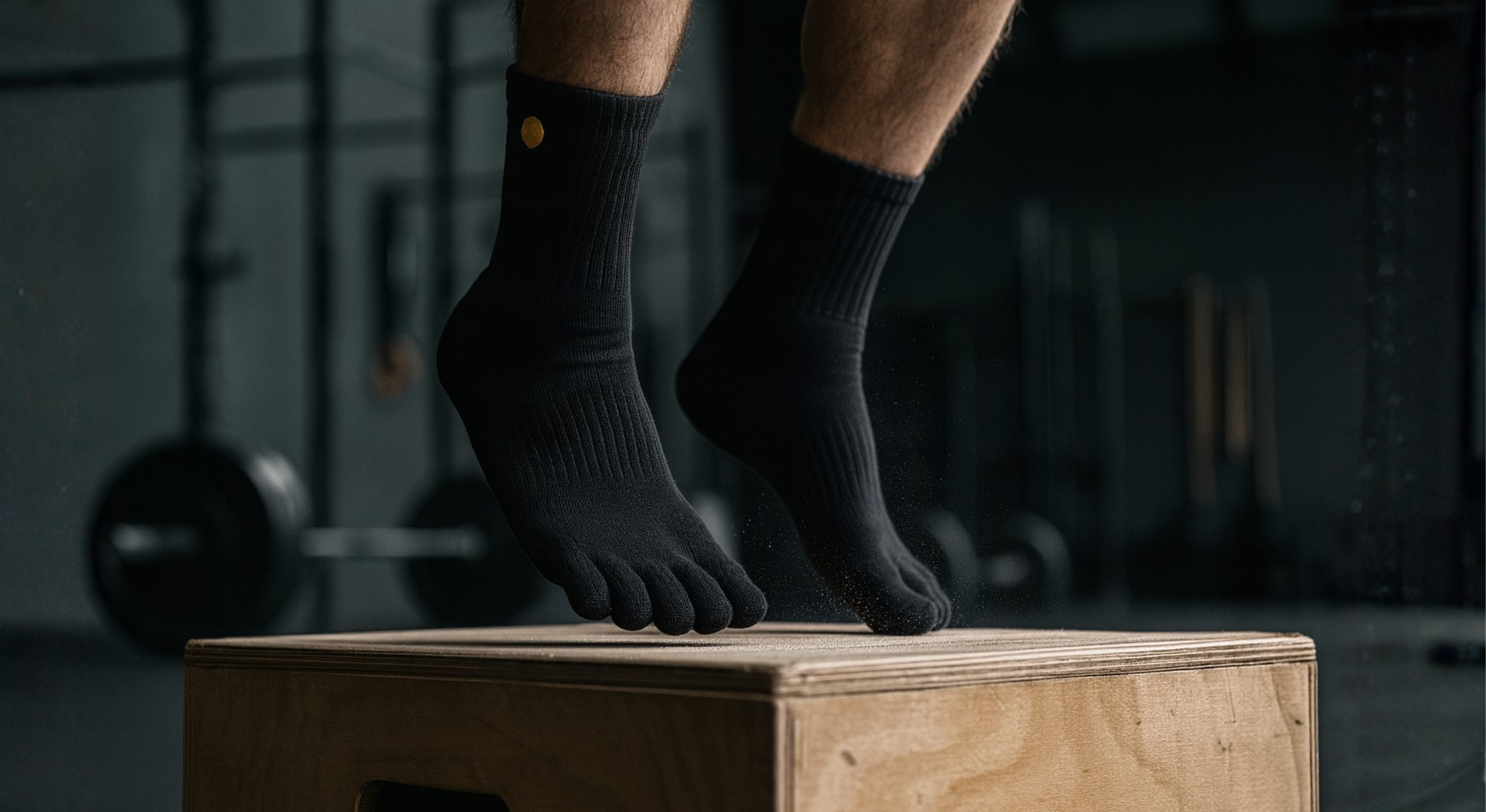Person wearing black socks standing on a wooden box in a gym setting